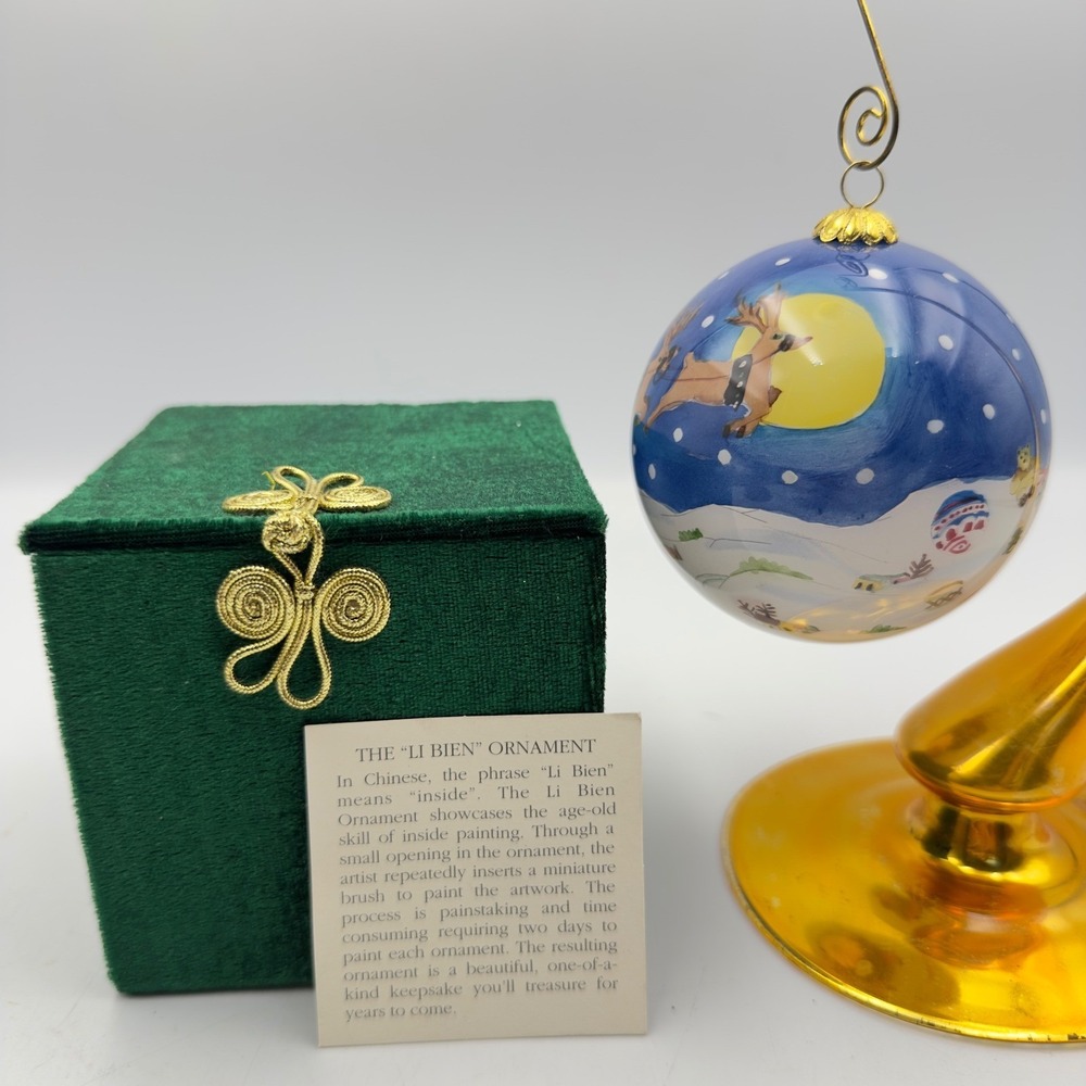 Li Bien 2003 Inside Painted Glass Christmas Ornament Santa‎ Sleigh Reindeer Box